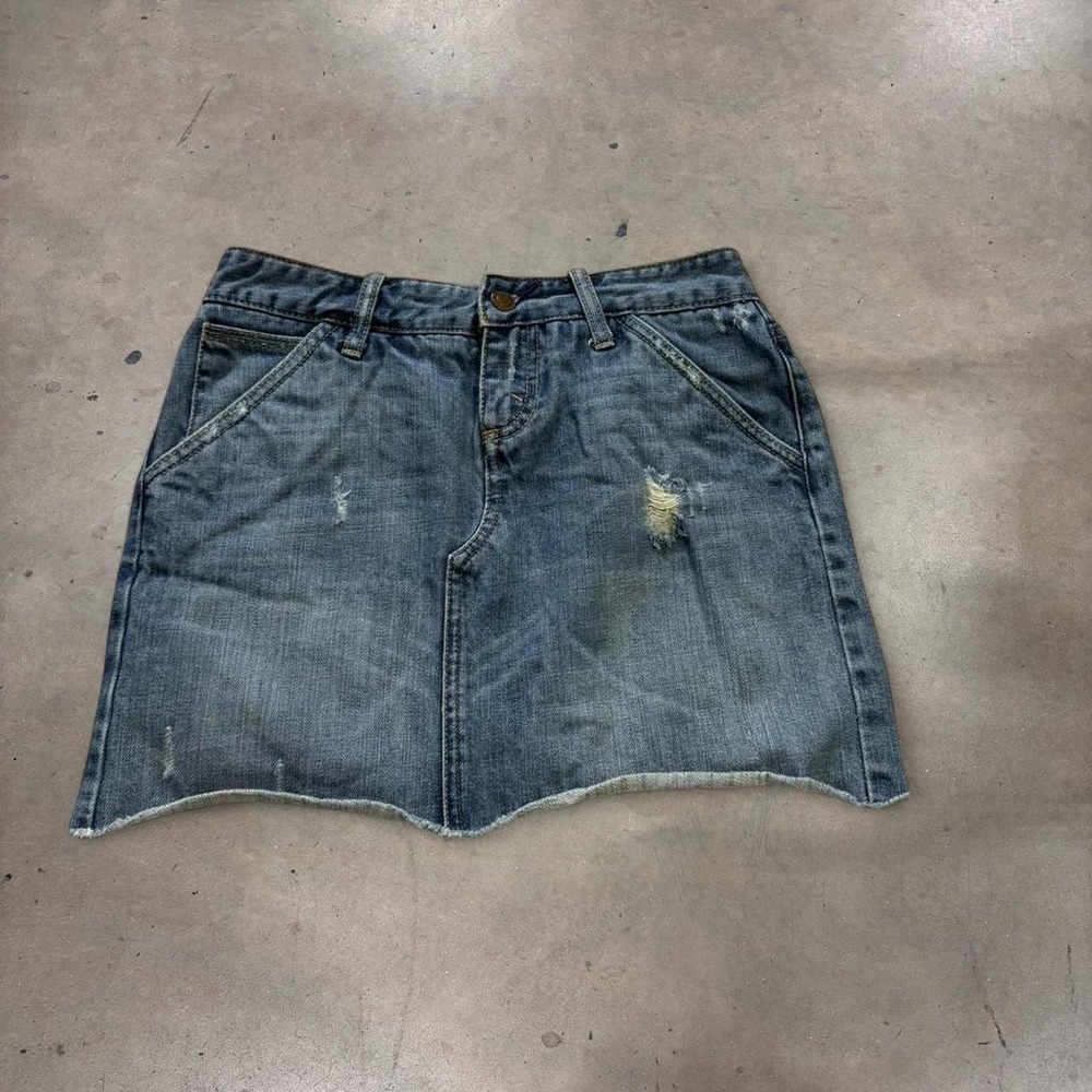 X2 Y2K Blue Denim Distressed Mini Skirt Raw Hem Size 0